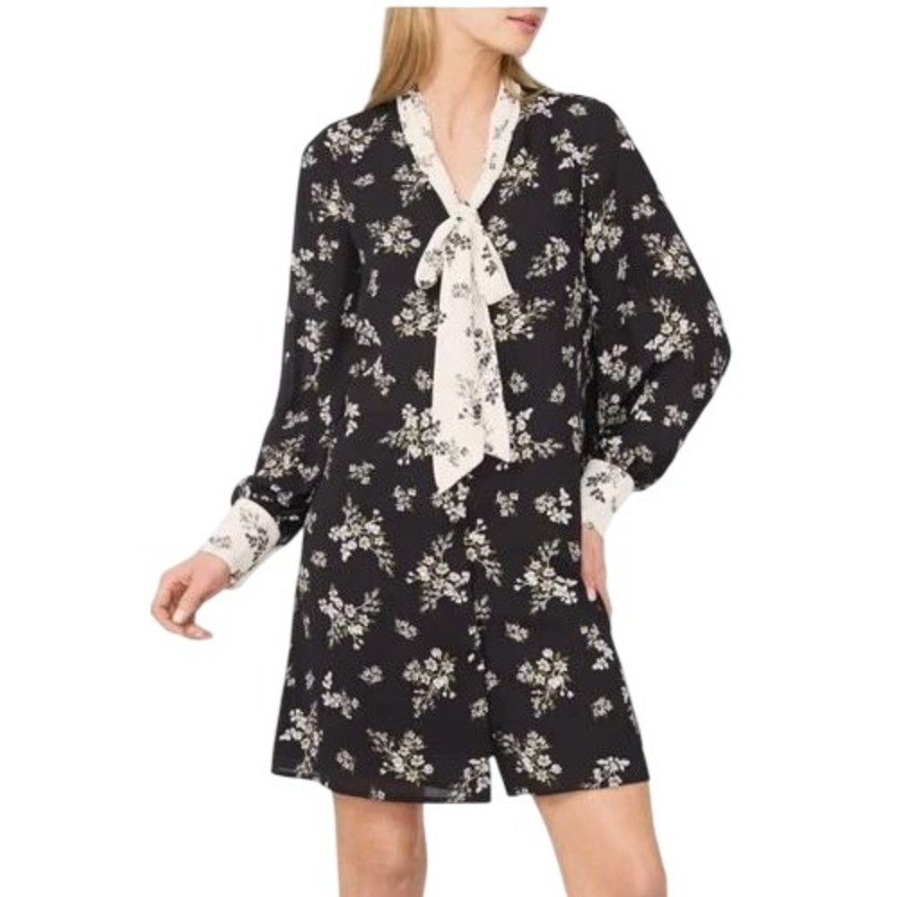 CECE Black & White Floral Print, Tie Neck Long Sleeve Lined Shirt Dress Sz XL